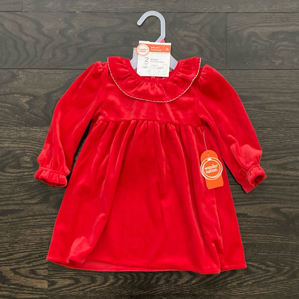 Girls Red Velour Long Sleeve Dress & White Tights Set 18 months